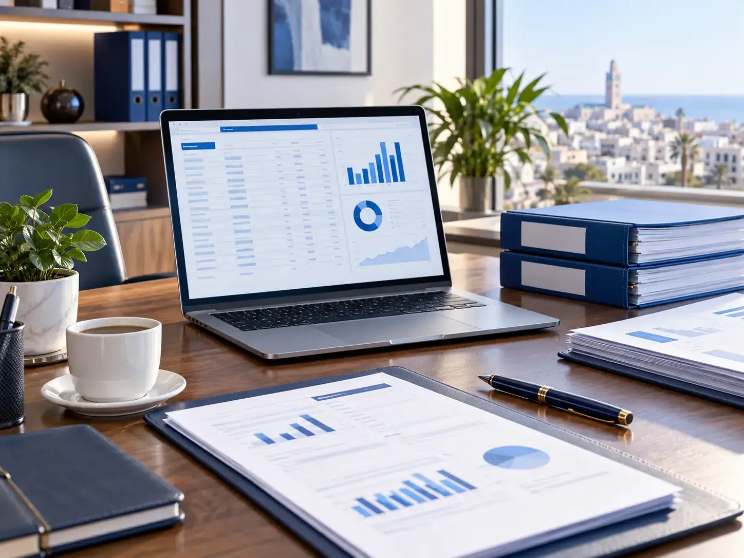 Espace de travail comptable avec tableaux de suivi et dossiers organisés
